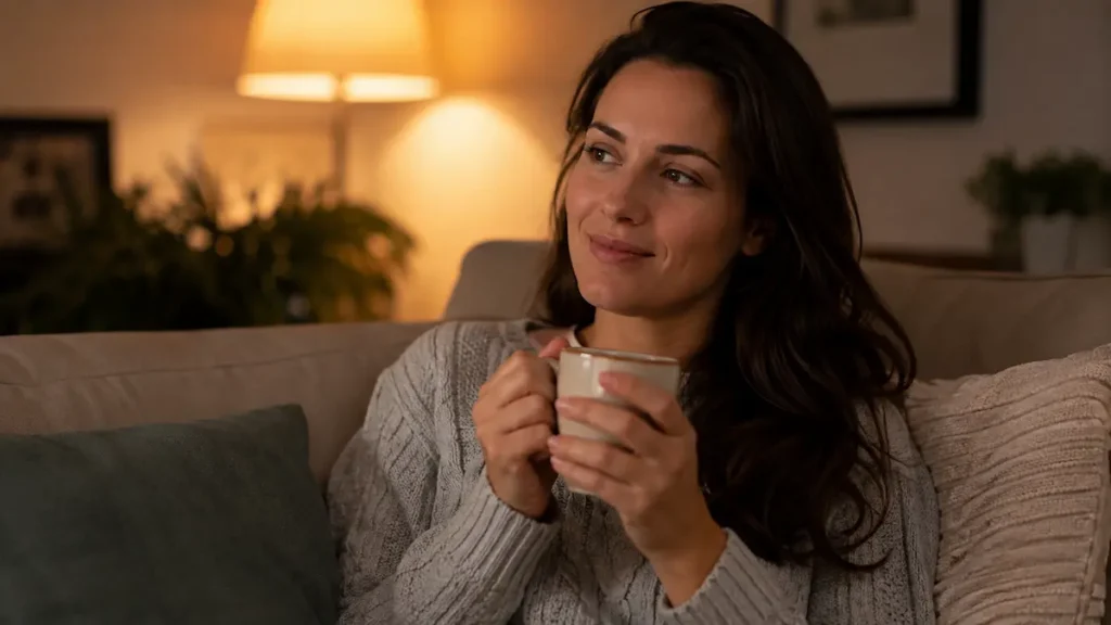 Woman enjoying a cup of All Day Slimming Tea review as part of an evening wind-down routine