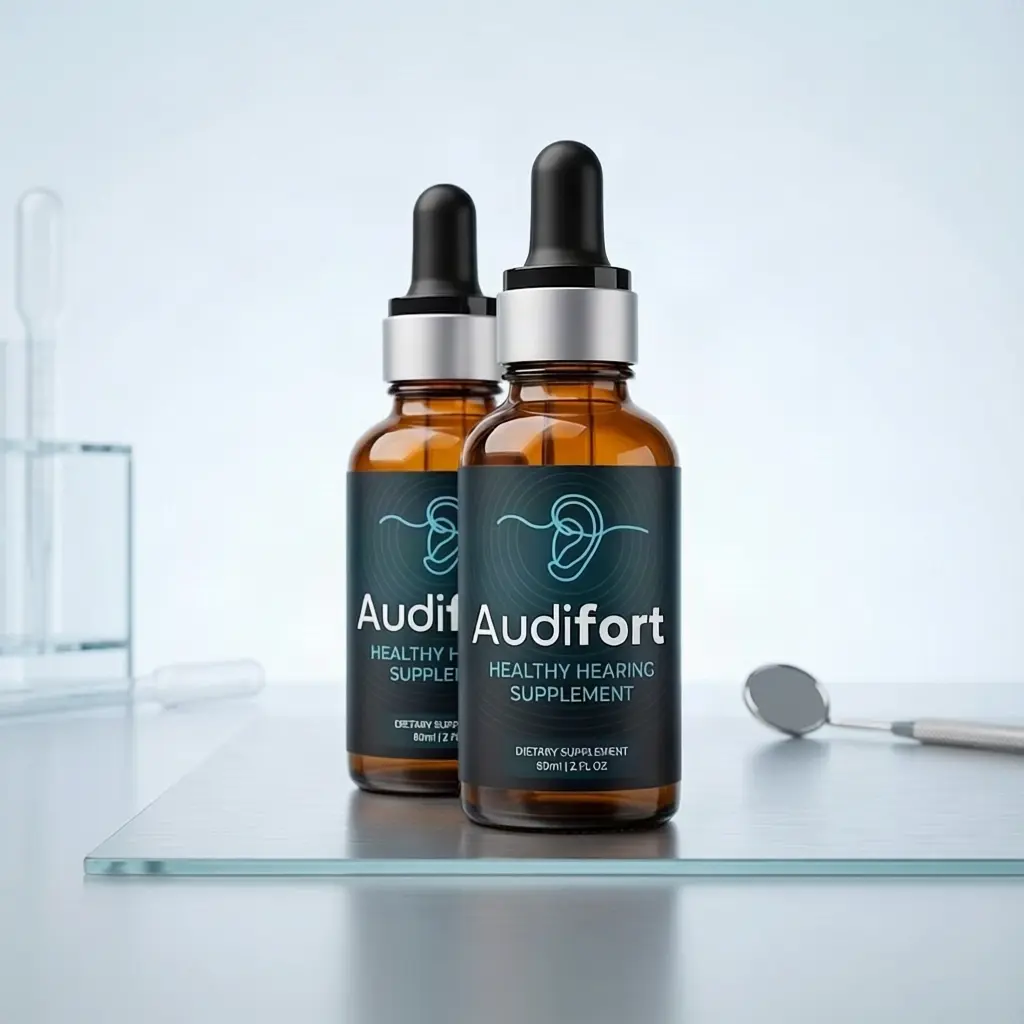 Audifort reviews and complaints: dietary supplement bottles and ear health concept