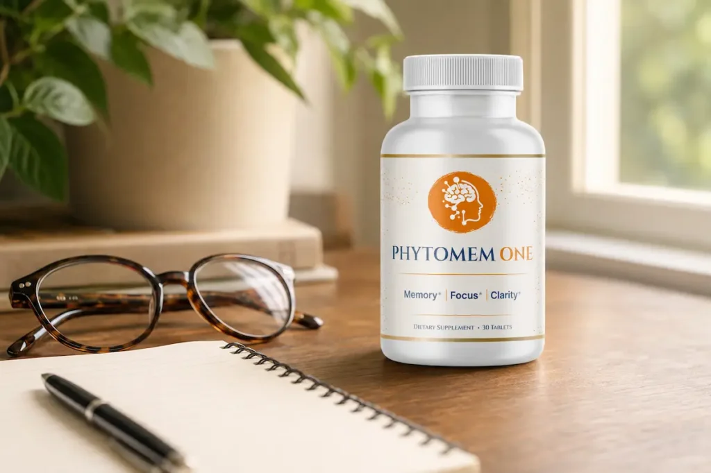 Phytomem One review - supplement bottle as part of daily focus routine