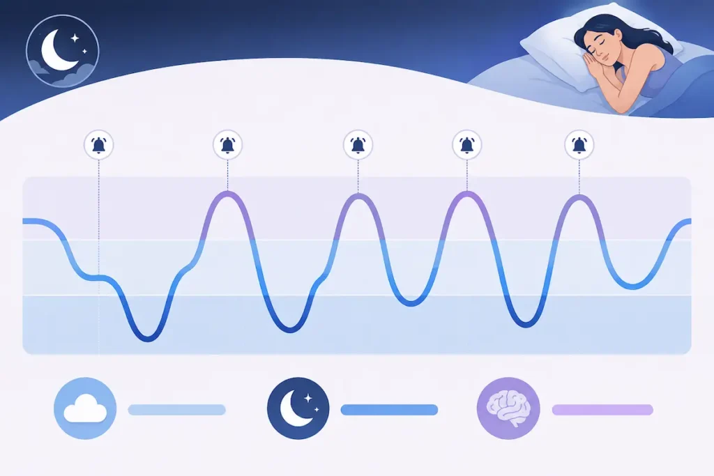 Why do I keep waking up every hour - Illustration of interrupted sleep cycles causing frequent night waking