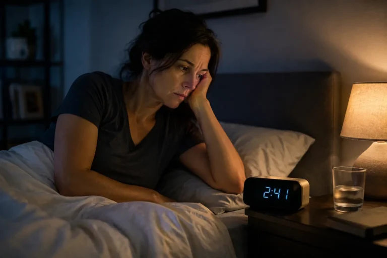 Why do I keep waking up every hour - woman checking clock at night