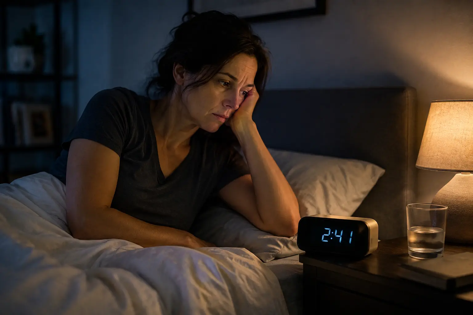Why do I keep waking up every hour - woman checking clock at night