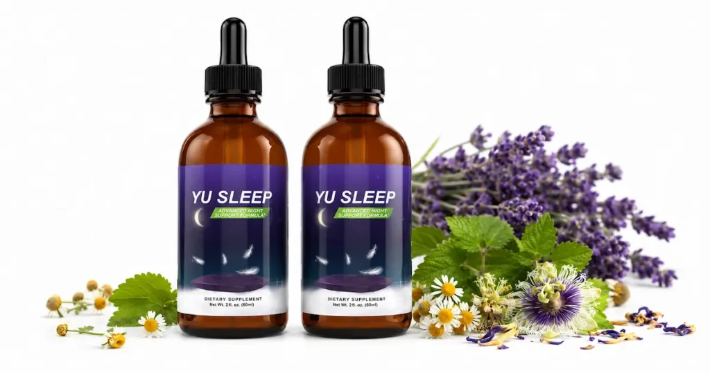 Yu Sleep reviews - natural sleep support supplement bottles with calming herbal ingredients