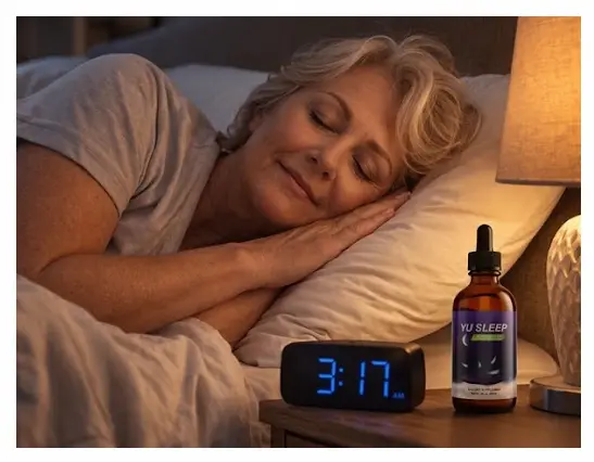 Woman finally sleeping through the night with Yu Sleep on nightstand