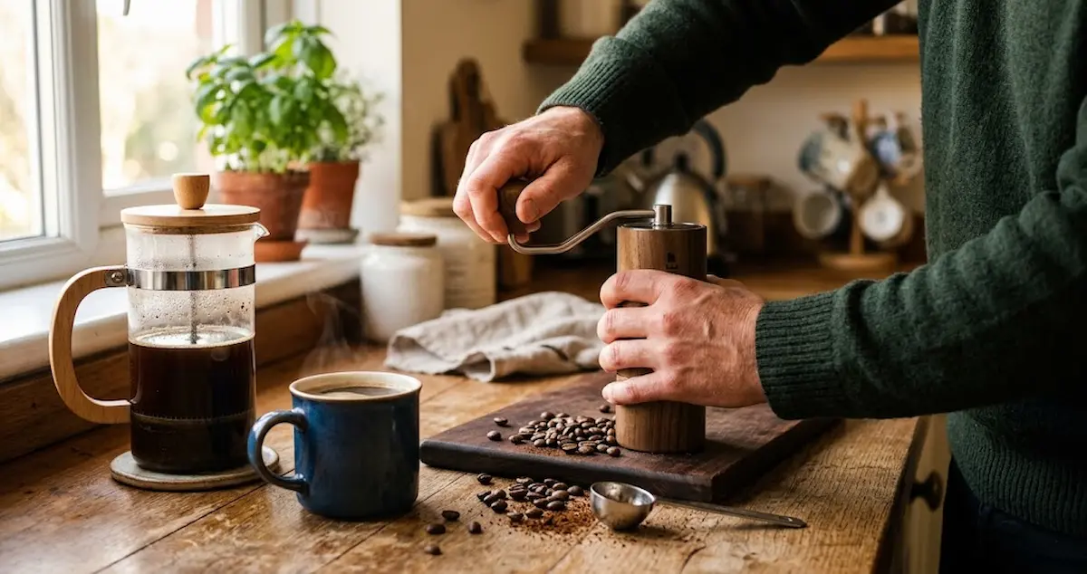 Best coffee grinder for French press being used on a kitchen counter