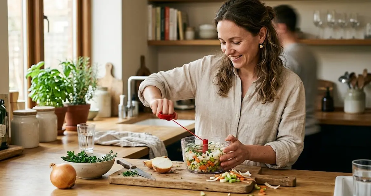 Best manual vegetable chopper being used by a woman in a modern kitchen