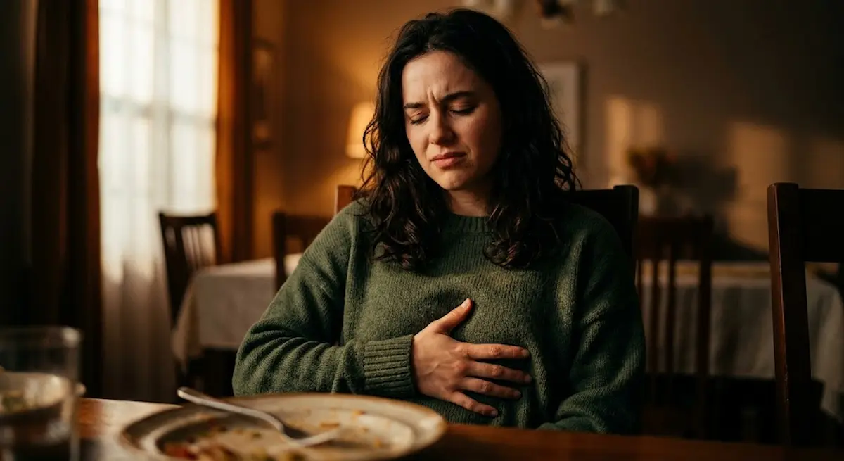 Woman wondering why am I so bloated after eating, holding her stomach in discomfort