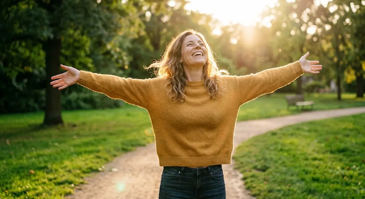 Woman feeling relieved and energised after finding natural relief from bloating