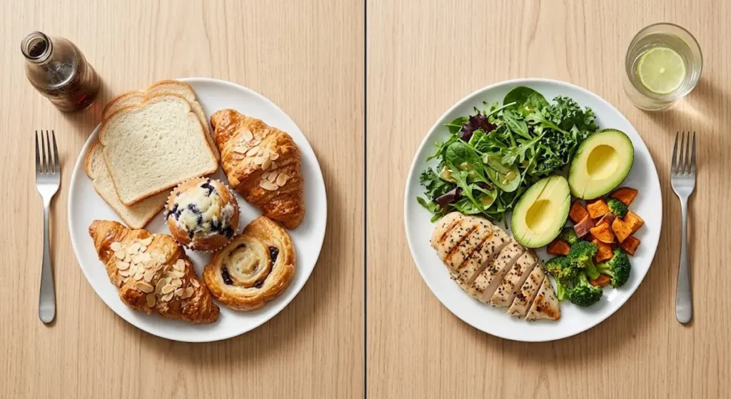 Split plate comparing refined carbs and balanced whole foods linked to brain fog after eating