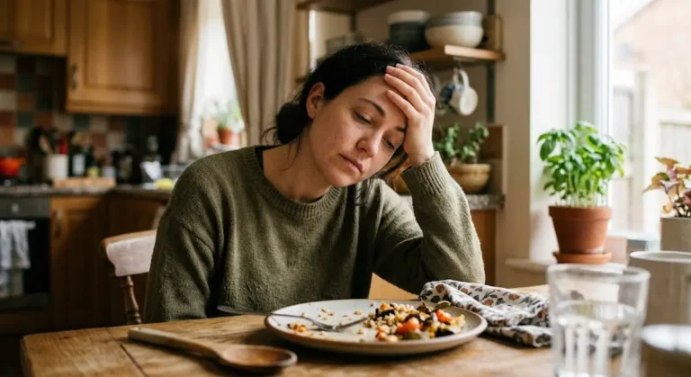 Woman experiencing brain fog after eating, resting her head at the table