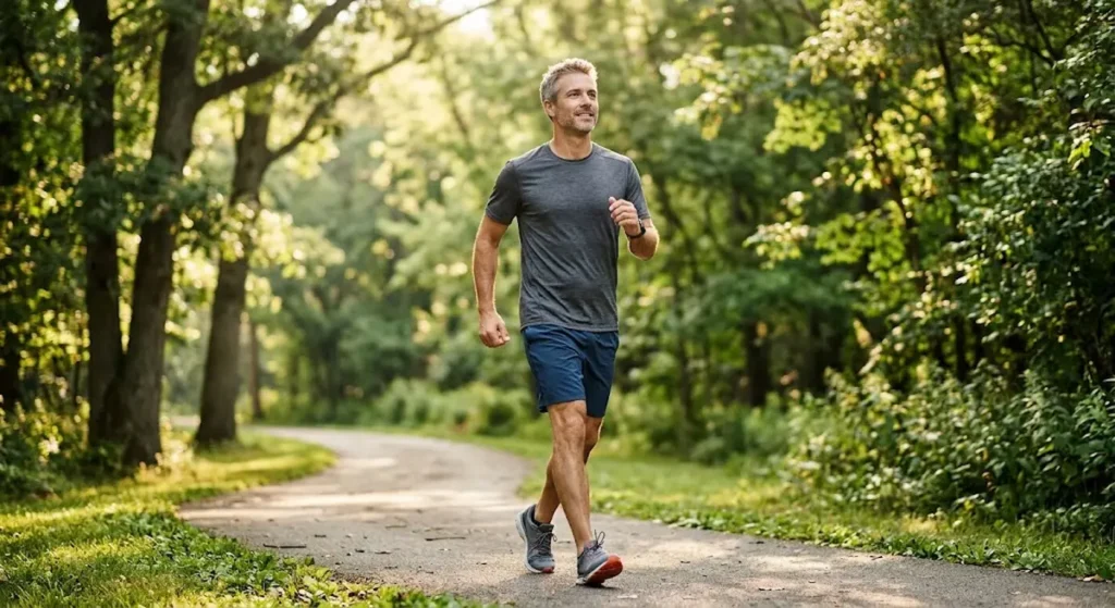 Man walking outdoors after a meal to help reduce brain fog after eating naturally