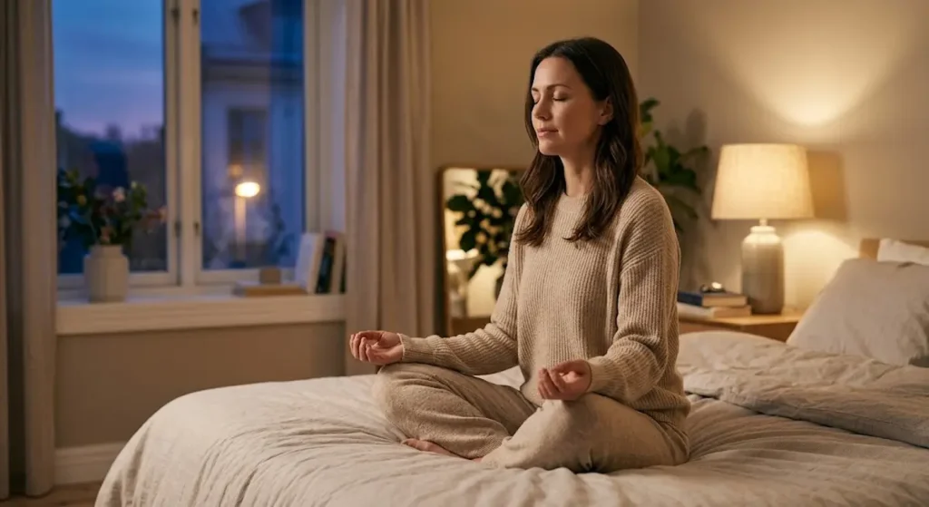 Person practicing a calm evening wind-down routine to help manage stress-related ringing in ears