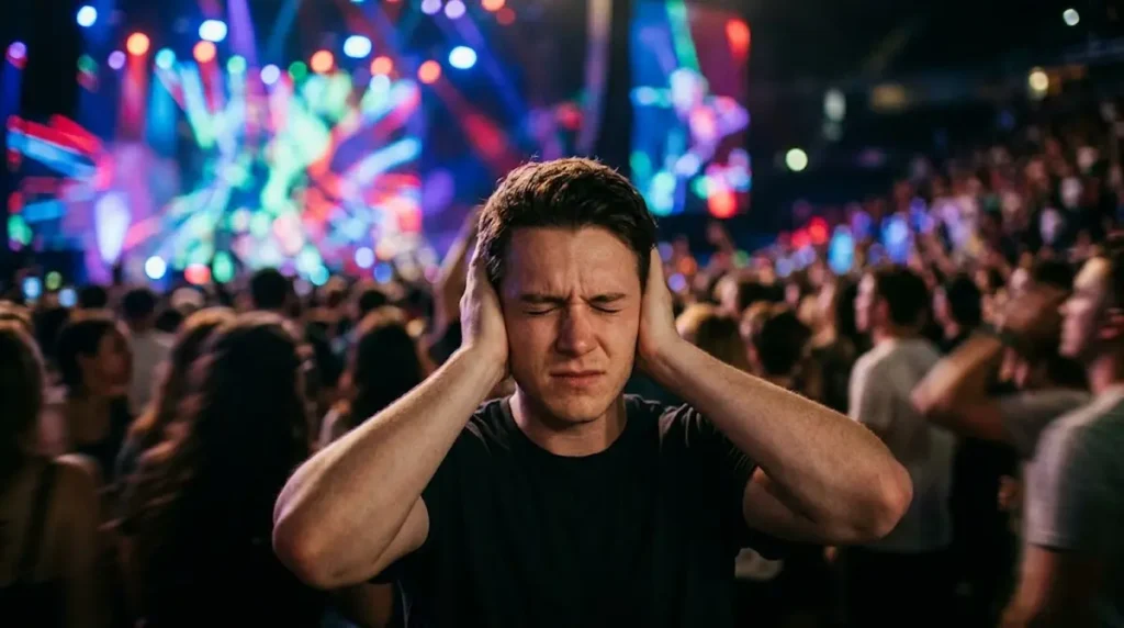Person covering their ears at a loud concert, a common cause of ringing in ears