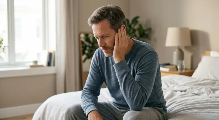 Man holding his ear in discomfort, illustrating sudden ringing in one ear and its common causes