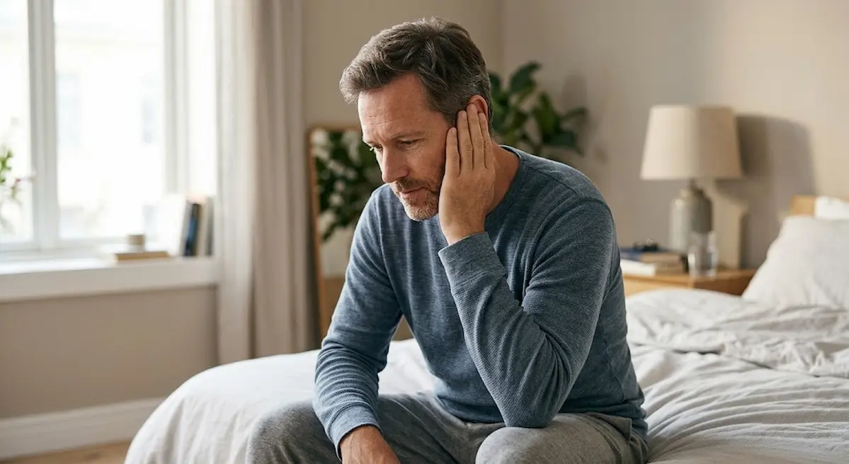 Man holding his ear in discomfort, illustrating sudden ringing in one ear and its common causes