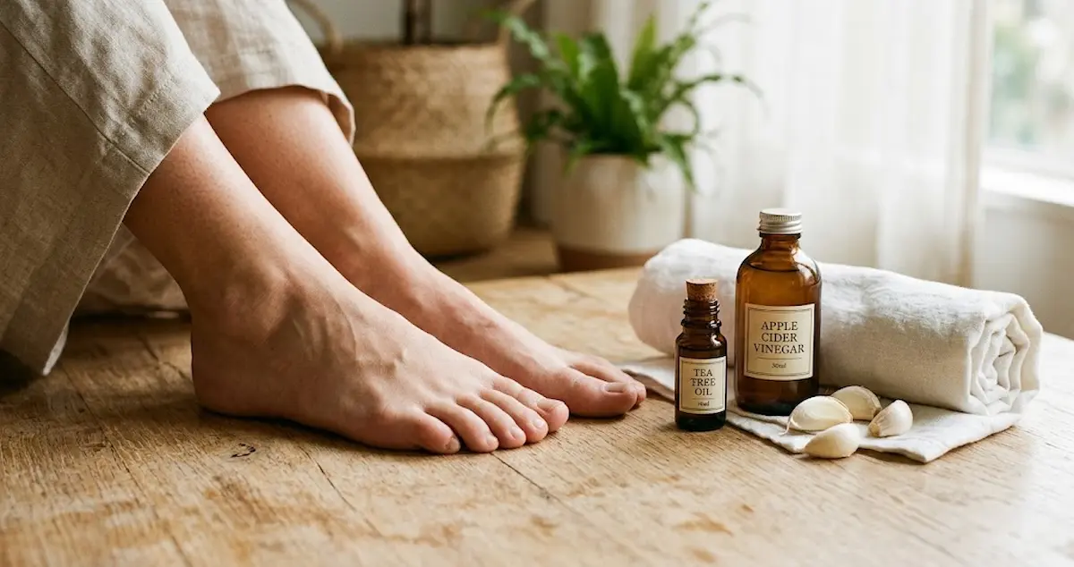 Close-up of bare feet with natural home remedy ingredients like tea tree oil and apple cider vinegar arranged nearby, toenail fungus home remedy concept