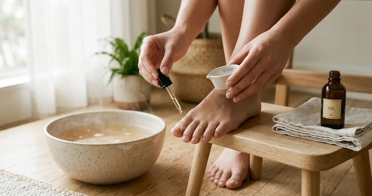 Person applying natural oil to toenails as part of a daily foot care routine to support nail health
