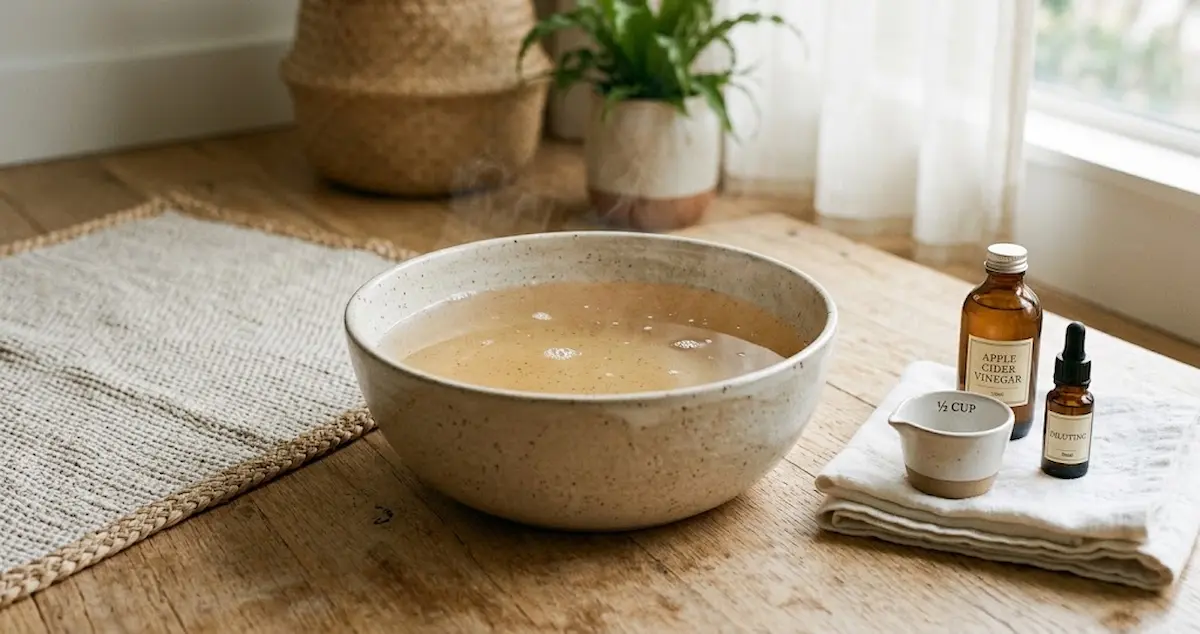 Foot soak basin with apple cider vinegar and warm water, a natural toenail fungus home remedy method